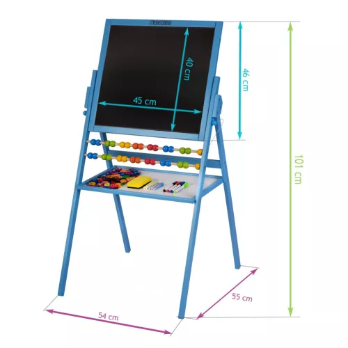Mágneses rajztábla, Ricokids, kék, 101 x 54 x 55 cm, kétoldalas (mágneses és krétás tábla), forgatható, fa, számolókerettel, kiegészítőkkel