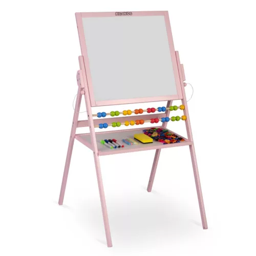 Mágneses rajztábla, Ricokids, rózsaszín, 101 x 54 x 55 cm, kétoldalas (mágneses és krétás tábla), forgatható, fa, számolókerettel, kiegészítőkkel