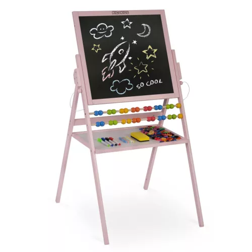 Mágneses rajztábla, Ricokids, rózsaszín, 101 x 54 x 55 cm, kétoldalas (mágneses és krétás tábla), forgatható, fa, számolókerettel, kiegészítőkkel