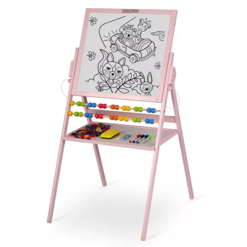 Mágneses rajztábla, Ricokids, rózsaszín, 101 x 54 x 55 cm, kétoldalas (mágneses és krétás tábla), forgatható, fa, számolókerettel, kiegészítőkkel