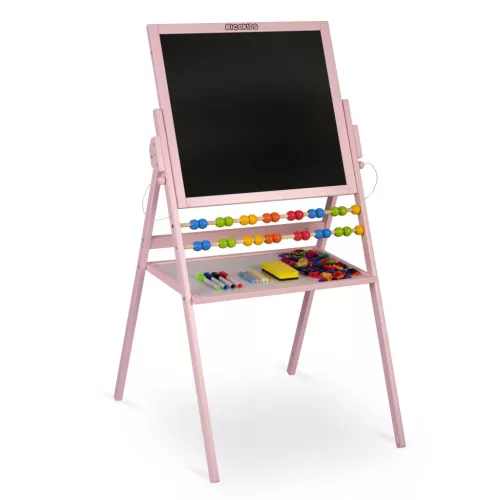 Mágneses rajztábla, Ricokids, rózsaszín, 101 x 54 x 55 cm, kétoldalas (mágneses és krétás tábla), forgatható, fa, számolókerettel, kiegészítőkkel