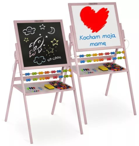 Mágneses rajztábla, Ricokids, rózsaszín, 101 x 54 x 55 cm, kétoldalas (mágneses és krétás tábla), forgatható, fa, számolókerettel, kiegészítőkkel