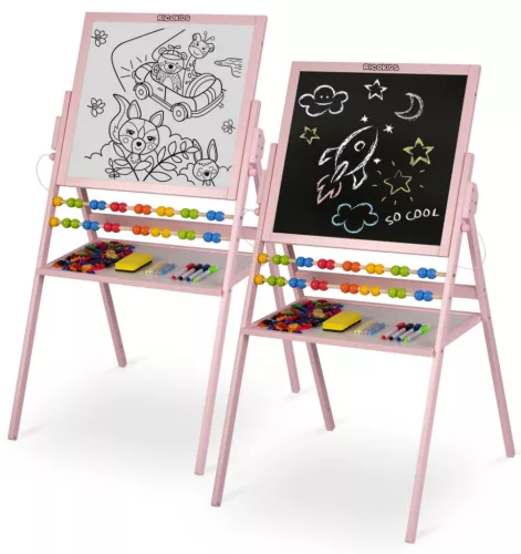 Mágneses rajztábla, Ricokids, rózsaszín, 101 x 54 x 55 cm, kétoldalas (mágneses és krétás tábla), forgatható, fa, számolókerettel, kiegészítőkkel