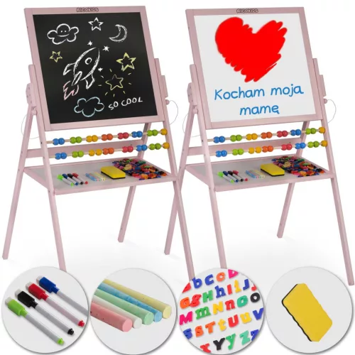 Mágneses rajztábla, Ricokids, rózsaszín, 101 x 54 x 55 cm, kétoldalas (mágneses és krétás tábla), forgatható, fa, számolókerettel, kiegészítőkkel
