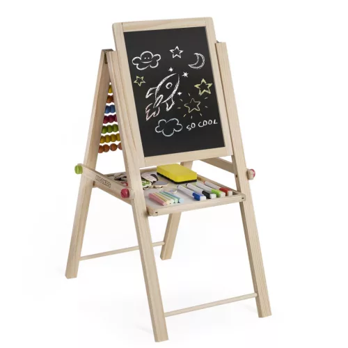 Mágneses rajztábla, Ricokids, 62 x 28 x 44 cm, kétoldalas (mágneses és krétás tábla), összecsukható, forgatható, kivehető tábla, számolókeret, kiegészítőkkel