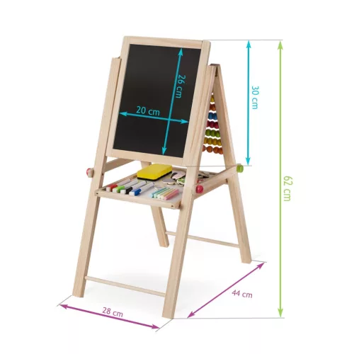 Mágneses rajztábla, Ricokids, 62 x 28 x 44 cm, kétoldalas (mágneses és krétás tábla), összecsukható, forgatható, kivehető tábla, számolókeret, kiegészítőkkel