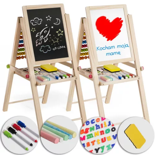 Mágneses rajztábla, Ricokids, 62 x 28 x 44 cm, kétoldalas (mágneses és krétás tábla), összecsukható, forgatható, kivehető tábla, számolókeret, kiegészítőkkel