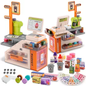   Játék pénztárgép, Ricokids RK-822, interaktív, hang- és fényhatásokkal, kávéfőzővel, vonalkódolvasóval, nyitható pulttal és hűtővel, sok tartozékkal