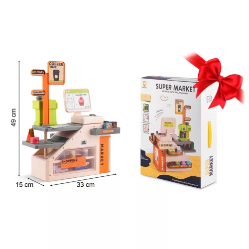 Játék pénztárgép, Ricokids RK-822, interaktív, hang- és fényhatásokkal, kávéfőzővel, vonalkódolvasóval, nyitható pulttal és hűtővel, sok tartozékkal