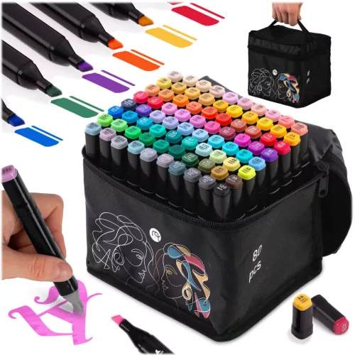 Kétoldalas filctoll készlet, Nukido, NK-912, 80 db, színes, alkoholos tinta, cipzáras hordtáskával, kétvégű
