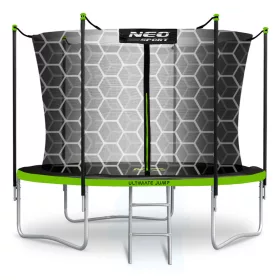   Kerti trambulin, Neo-Sport, fekete/zöld, átmérő: 312 cm, kerek, magasság: 65 cm, 180 cm belső védőháló, létra, acél váz, 3 dupla láb, 150 kg teherbírás, 54 db rugó, fekete oszlopok