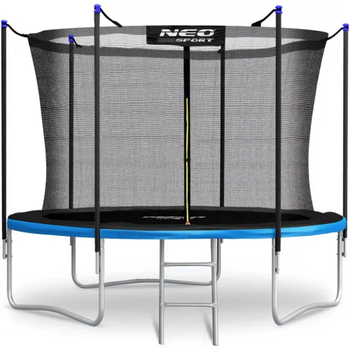 Kerti trambulin, Neo-Sport, fekete/kék, átmérő: 312 cm, kerek, magasság: 65 cm, 180 cm belső védőháló, létra, acél váz, 3 dupla láb, 150 kg teherbírás, 54 db rugó, fekete oszlopok