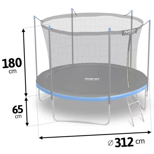 Kerti trambulin, Neo-Sport, fekete/kék, átmérő: 312 cm, kerek, magasság: 65 cm, 180 cm belső védőháló, létra, acél váz, 3 dupla láb, 150 kg teherbírás, 54 db rugó, fekete oszlopok