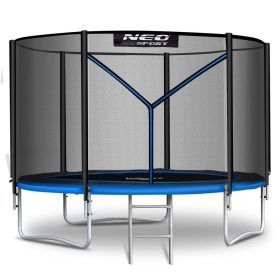  Kerti trambulin, Neo-Sport, fekete/kék, átmérő: 312 cm, kerek, magasság: 65 cm, 180 cm külső védőháló, létra, acél váz, 3 dupla láb, 150 kg teherbírás, 54 db rugó, fekete oszlopok