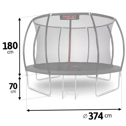 Kerti trambulin, Neo-Sport, fekete, átmérő: 374 cm, kerek, magasság: 70 cm, 180 cm belső védőháló, létra, acél váz, 4 dupla láb, 150 kg teherbírás, 64 db rugó, íves oszlopok
