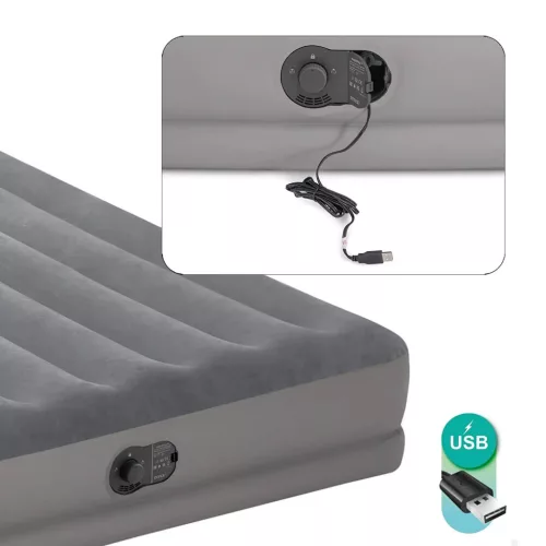 Felfújható vendégágy, Intex Queen Prestige középmagas matrac, 152 x 203 x 30 cm, szürke, kétszemélyes, szálas belső szerkezettel, puha felülettel, beépített USB-s elektromos pumpával (64114)