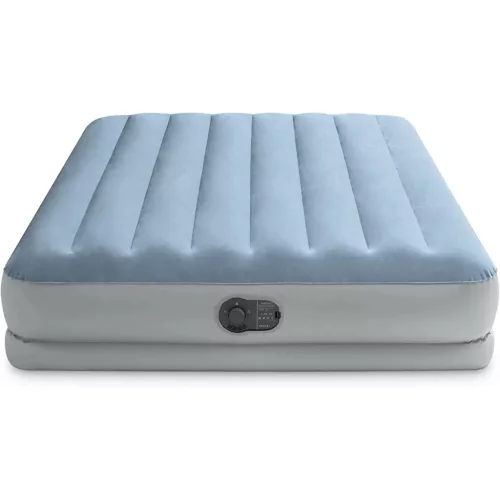 Felfújható vendégágy, Intex Queen Dura-Beam középmagas komfort matrac, 152 x 203 x 36 cm, világoskék, kétszemélyes, szálas belső szerkezettel, puha felülettel, beépített USB-s elektromos pumpával (64159)