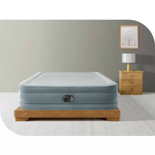 Felfújható vendégágy, Intex Queen Prémium Comfort, 203 x 152 x 46 cm, szarufa mintás, kétszemélyes, megerősített szálas belső szerkezet, beépített elektromos pumpával, fejtámlával, 272 kg teherbírással (64824)