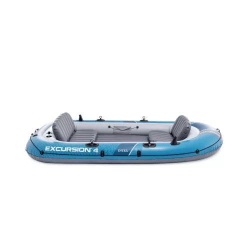 Felfújható csónak szett, Intex Excursion 4, 315 x 165 x 43 cm, kék, négyszemélyes, megerősített PVC, felfújható ülésekkel, pumpával és evezőkkel (66324)