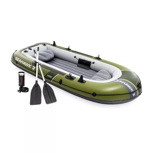 Felfújható csónak szett, Intex Seahawk 3, 295 x 137 x 43 cm, zöld, háromszemélyes, megerősített PVC, pumpával és evezőkkel (66333)