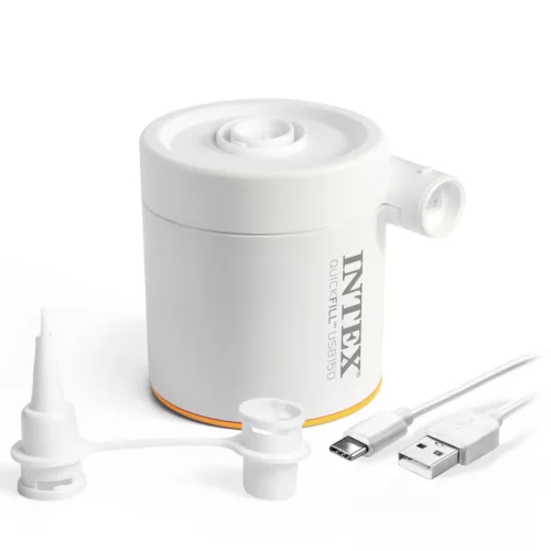 Elektromos pumpa, Intex Quickfill USB150, kompakt kivitel, fehér, felfújáshoz és leeresztéshez, USB-ről működtethető, két cserélhető fúvókával, tárolótáskával (66616)