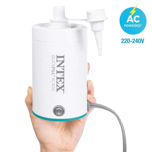 Elektromos pumpa, Intex Quickfill AC400, 220–240 V, fehér, felfújáshoz és leeresztéshez, nagy teljesítményű légáramlás, két cserélhető fúvókával, túlmelegedés elleni védelemmel (66646)