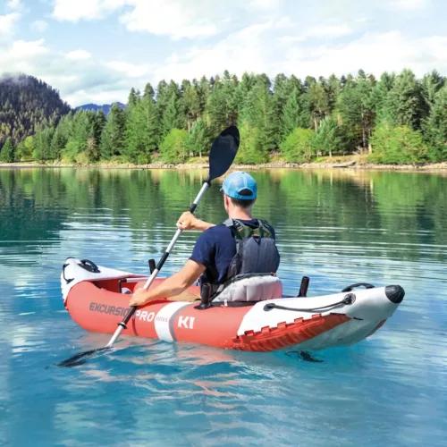 Felfújható kajak, Intex Excursion Pro K1, 305 x 91 x 46 cm, piros/szürke, egyszemélyes, megerősített PVC, felfújható üléssel, pumpával és evezőkkel (68303)