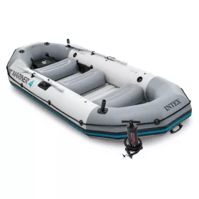   Felfújható tengeri gumicsónak szett, Intex Mariner 4, 328 x 145 x 48 cm, szürke, négyszemélyes, megerősített háromrétegű PVC, merev műanyag padlóval, felfújható ülésekkel, horgászbot-tartókkal, pumpával és evezőkkel (68376)