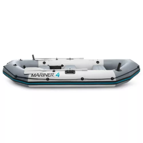 Felfújható tengeri gumicsónak szett, Intex Mariner 4, 328 x 145 x 48 cm, szürke, négyszemélyes, megerősített háromrétegű PVC, merev műanyag padlóval, felfújható ülésekkel, horgászbot-tartókkal, pumpával és evezőkkel (68376)