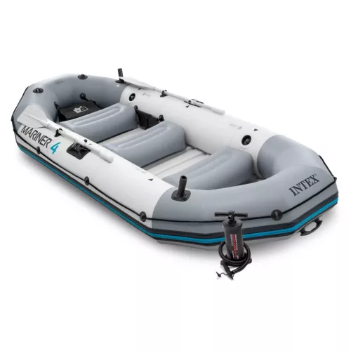 Felfújható tengeri gumicsónak szett, Intex Mariner 4, 328 x 145 x 48 cm, szürke, négyszemélyes, megerősített háromrétegű PVC, merev műanyag padlóval, felfújható ülésekkel, horgászbot-tartókkal, pumpával és evezőkkel (68376)
