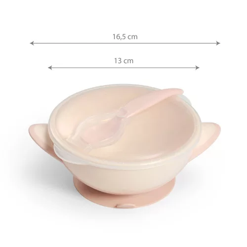 BabyOno tányér - tapadó aljú, fedeles, kanállal krém/rózsaszín 1063/06