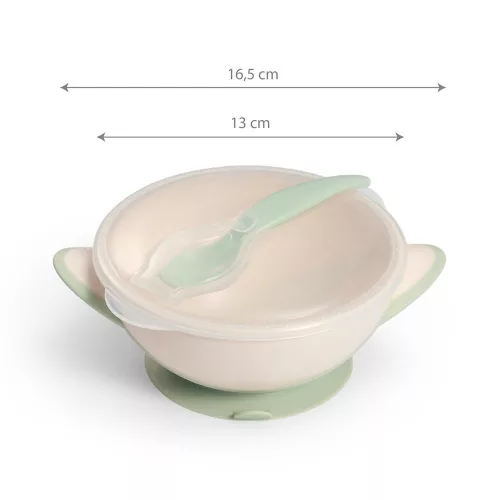 BabyOno tányér - tapadó aljú, fedeles, kanállal krém/zöld 1063/07
