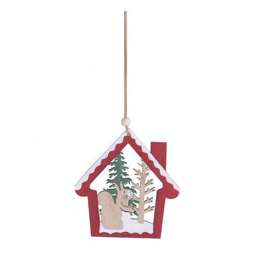 Karácsonyi dísz 9x12 cm fa házban mókus és fenyőfa