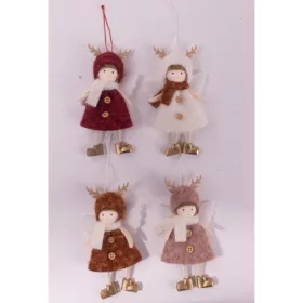   Karácsonyi dekor textil 8 cm akasztós angyalka agancs sapival többféle