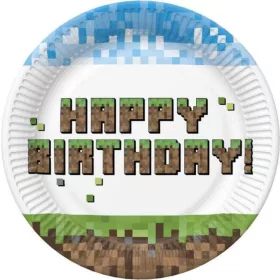 Happy Birthday Pixel Block papírtányér 8 db-os 18 cm