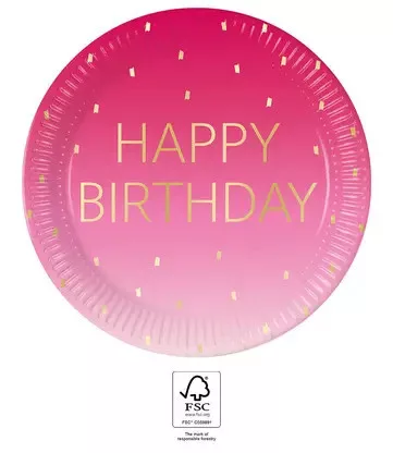 Happy Birthday Golden Pink papírtányér 8 db-os 23 cm FSC