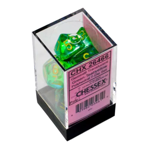 Chessex: Gemini Polyhedral Translucent - kékeszöld és sárga dobókocka készlet