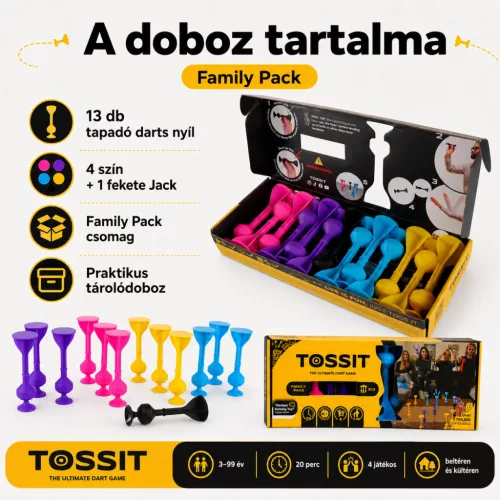 Tossit Family Pack – Pink, Lila, Kék, Sárga | Szilikon Darts Játék 2-4 Főre | 7 Játékmód
