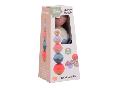 Baba toronyépítő golyókészlet – színes Montessori bio műanyag fejlesztő játék (Happy World Stacking Balls, 9 db)