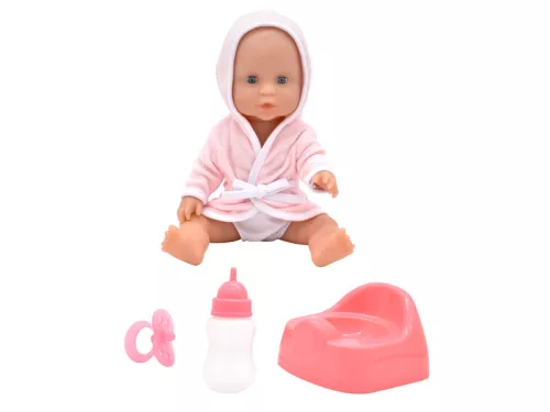 Baba, 30 cm fürdethetõ, fürdõköpenyben, bilivel, cumisüveggel