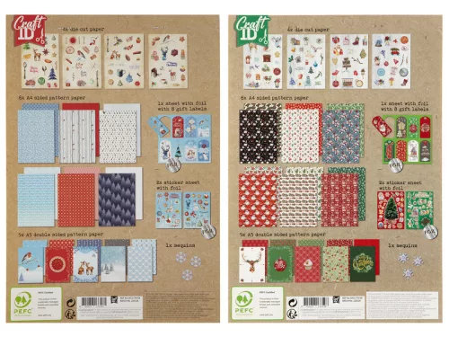 Karácsonyi papírhajtogató kreatív szett – mintás papírok, matricák, konfetti, ajándékkísérő