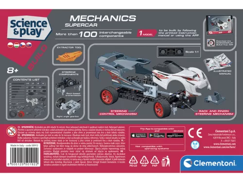 Clementoni STEM versenyautó építőkészlet gyerekeknek – Science & Play Mechanics szuperautó, kormányzással (100+ alkatrész)