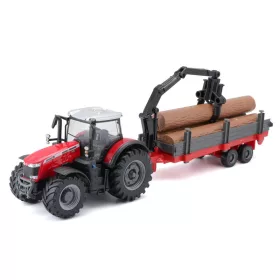   Bburago Massey Ferguson 8740S traktor darus utánfutóval – 1:50 méretarányú fém modell