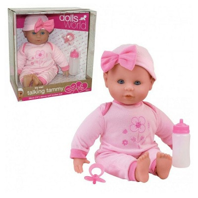 Beszélő és alvó puha baba - rózsaszín ruhában, 38 cm