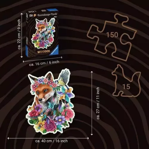 Ravensburger Colorful Fox fa puzzle – 150 darabos, formapuzzle, virágos róka motívummal
