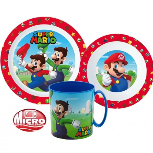Super Mario Mushroom Kingdom étkészlet, micro műanyag szett bögrével 350 ml