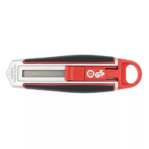 Univerzális vágókés WEDO 18 mm biztonsági 13,6 cm fém test gumi fogórész fém sínnel piros rövid pengével
