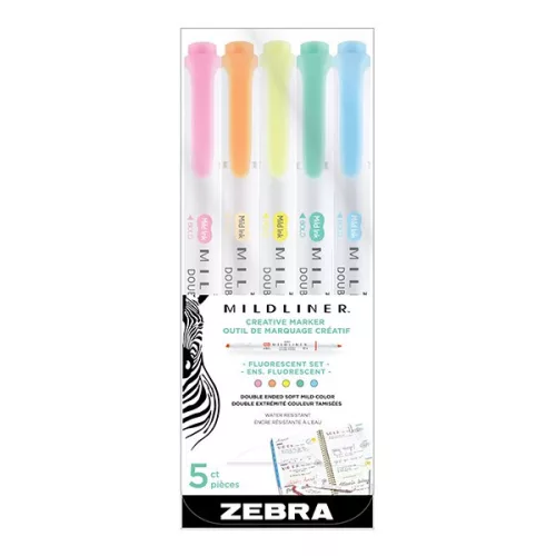 Szövegkiemelő készlet kétvégű ZEBRA Mildliner fluorescent 1,4-4,0 mm 5 darabos