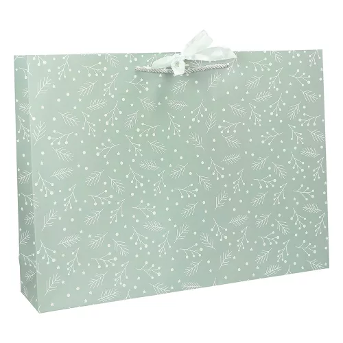 Dísztasak CREATIVE Deluxe Plus M 23x18x10 cm fekvő fagyöngy matt világoszöld sodort füles masnival