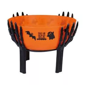  Halloween Cukorkatál Csontvázkéz Tartóval – Narancssárga-Fekete Műanyag Tál, 25 cm